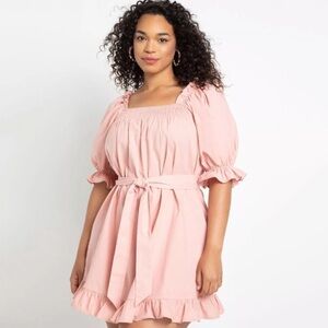 NWT Eloquii Smocked Front Ruffle Puff Sleeve Mini Dress In Pink